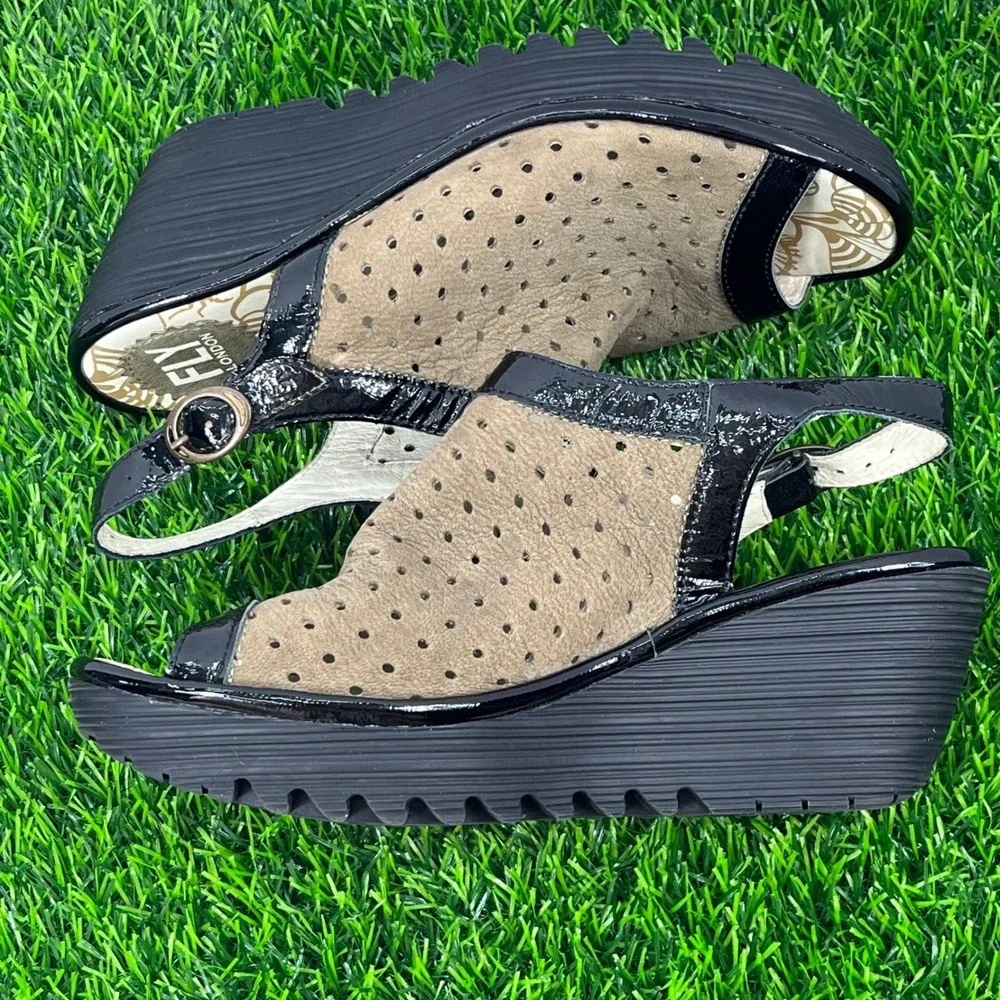 FLY LONDON Wedge Sandals Perforated‎ Suede Black Patent Leather Sz EU37 US 6-6.5